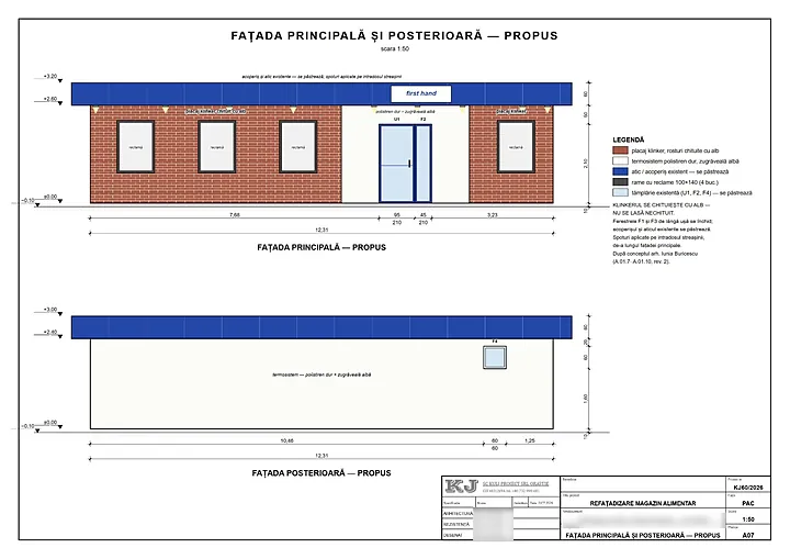 Fațada principală și posterioară, propus (A07) – Refațadizare magazin alimentar