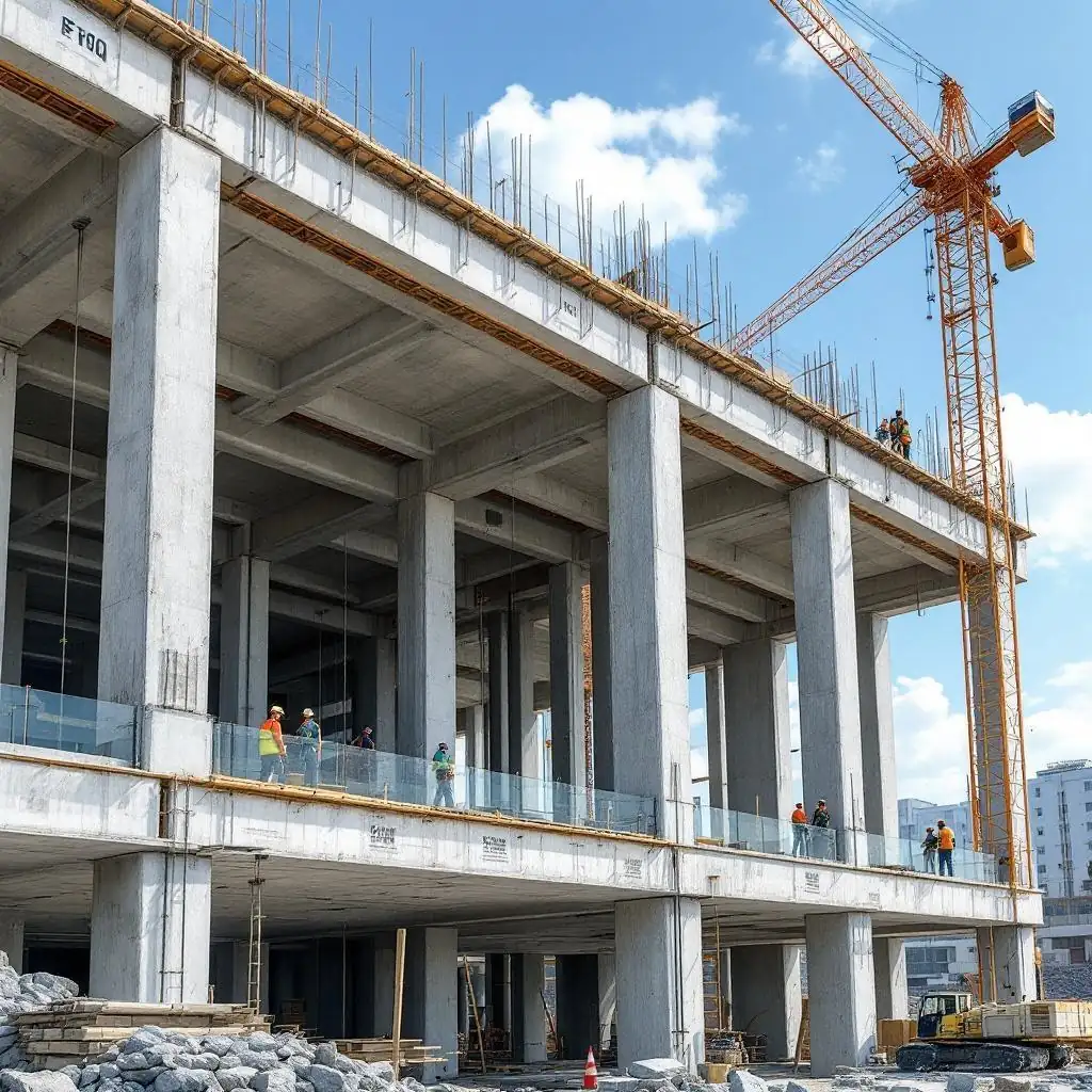 Clădire cu structură din beton armat în execuție, cu macara turn